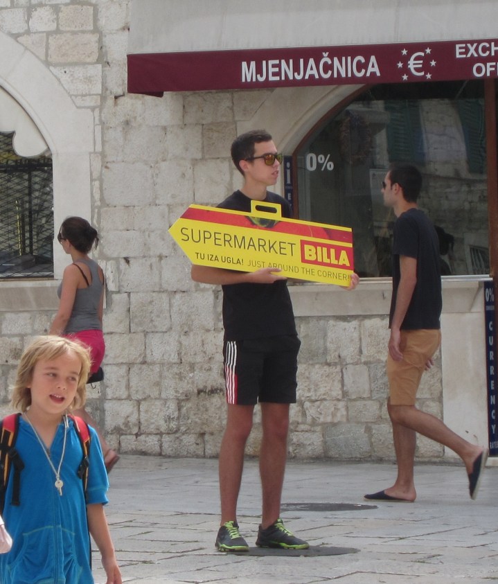 and finally, could this be the worse job in Split? The man is a human signpost for the nearby supermarket