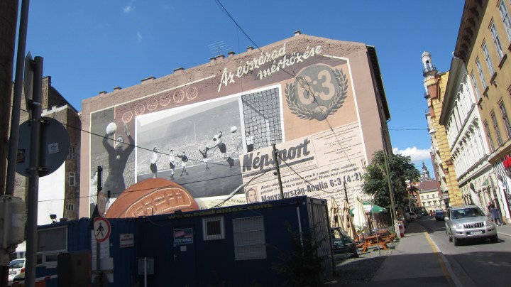 Some graffiti in the Jewish quarter.  Hungary beat England in a football match in the 1950s, and this commemorates it. 