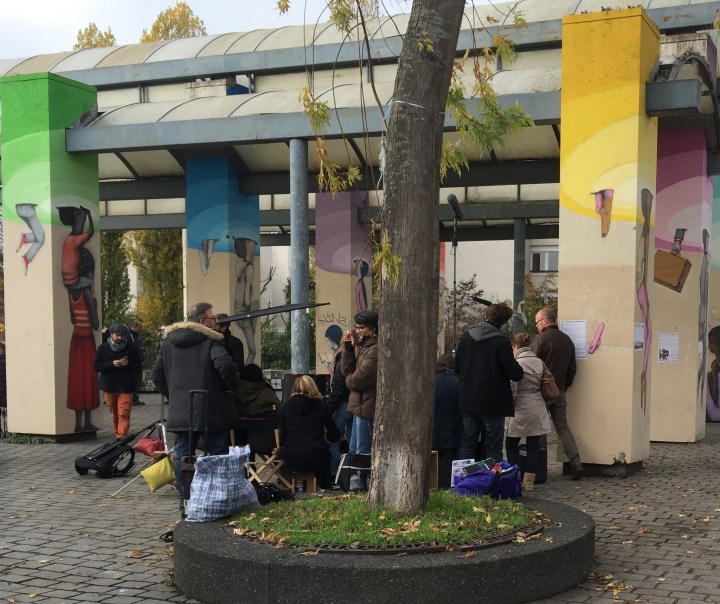Filming at Parc Belleville.  They didn't want any photos so I'm attempting to hide my iphone behind the tree