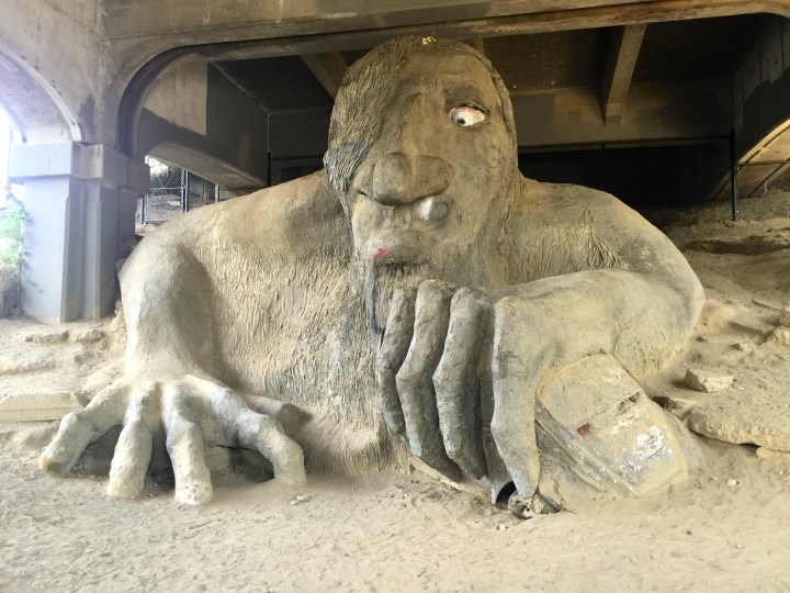Trolls come from Scandinavian folklore. They are ugly beings with big noses and long arms. They live in the dark away from sunlight; in caves or under bridges are likely places to find them. The Fremont troll lives under the George Washington bridge. They are attracted to shiny things (the Fremont troll holds a VW in his hand); children and ‘luminous women’ are at particular peril when there is a troll around.