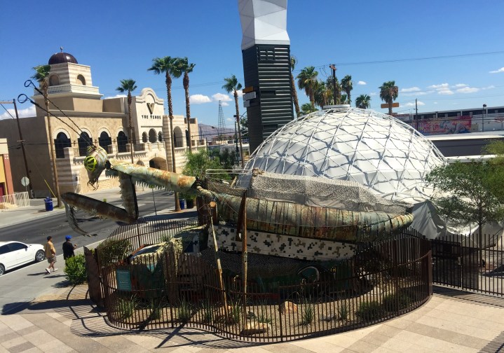 The preying mantis guarding the Container Park.  I went here to overcome my sorrow at missing out on the Neon museum.