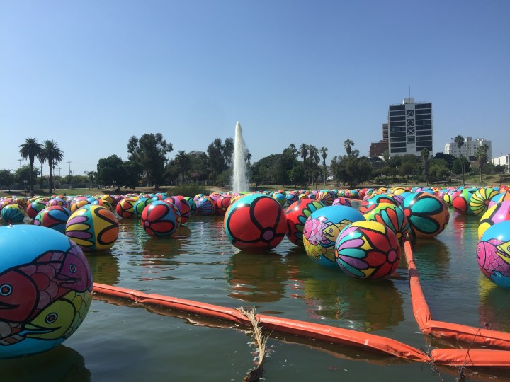 Lots of balls in the lake at McArthur Park for Portraits of Hope project