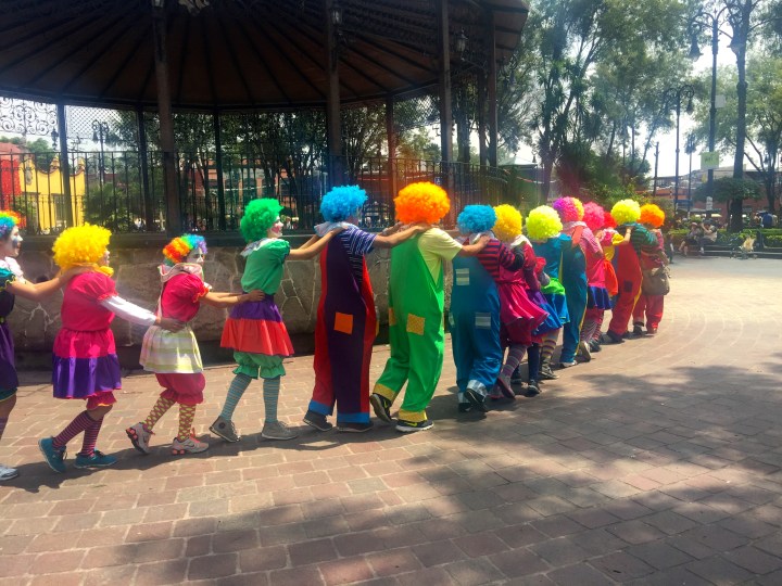 A taster of what's to come: relaxing in a park in Mexico City and suddenly a conga line of clowns go by...